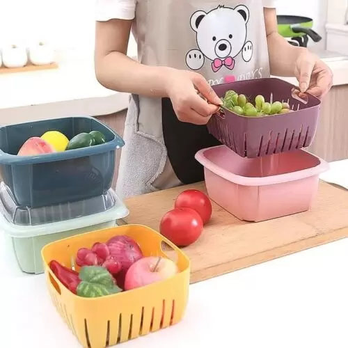 Storage basket drainer with lid and retainer bowl