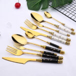 24pcs Marble Cutlery Set Stainless Steel  Gold Coated with Ceramic Handle - Image 2