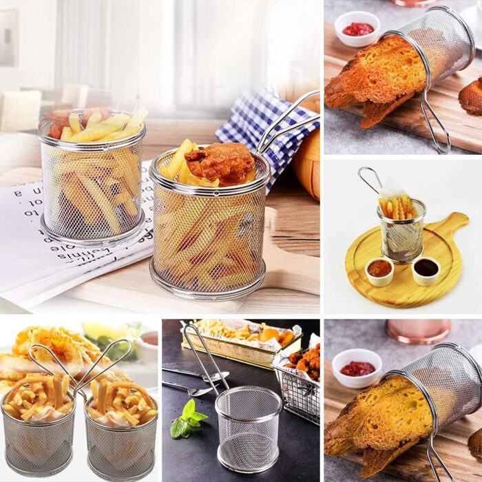 Stainless Steel Round Cylinder French Fries Chips Mini Mesh Basket Strainer