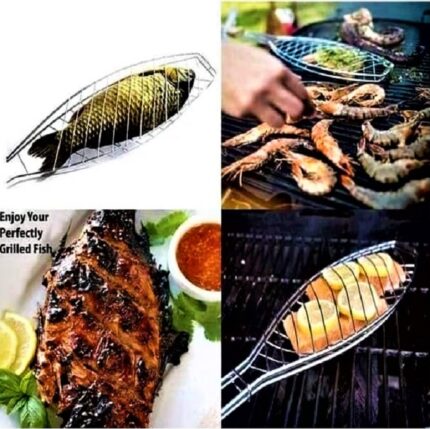 Stainless Steel BBQ Barbecue Fish Wire Mesh Grill Net Basket With Lockable Clip And Insulated Handle