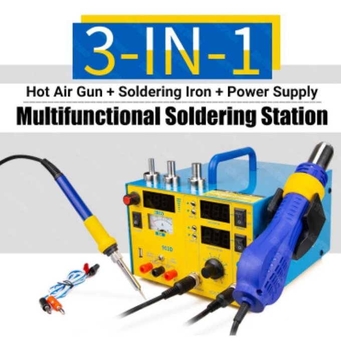 PhotoGrid_Site_1783611407693 Jinyan 903D 3-in-1 SMD Rework station n3-IN-1 Hot Air Gun Soldering Iron Power Supply Soldering Station - Image 1