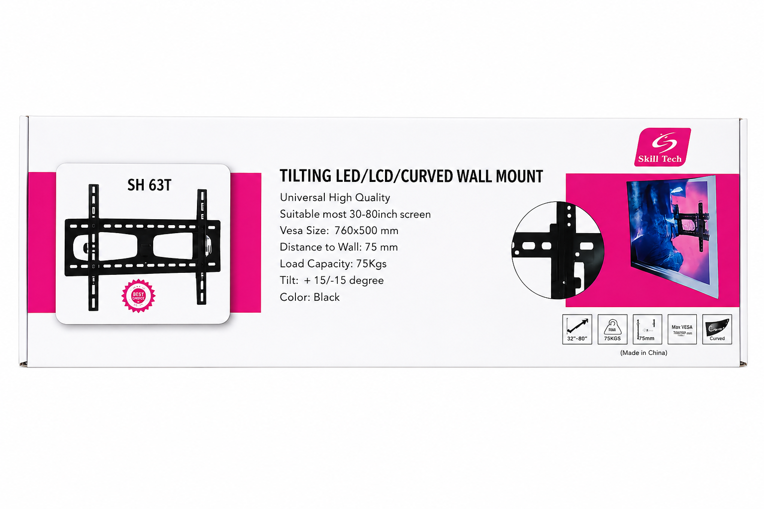 file_00000000f07c72469a117f8716e8de73 Skill Tech SH 63T Tilting 30-80 75kgs LED/LCD/Curved TV Wall Mount - Image 1