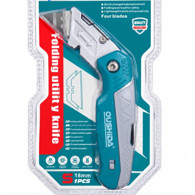 PhotoGrid_Plus_1791220500471 18mm Folding Utility Knife – Heavy-Duty Retractable Box Cutter with 4 Blades - Image 1