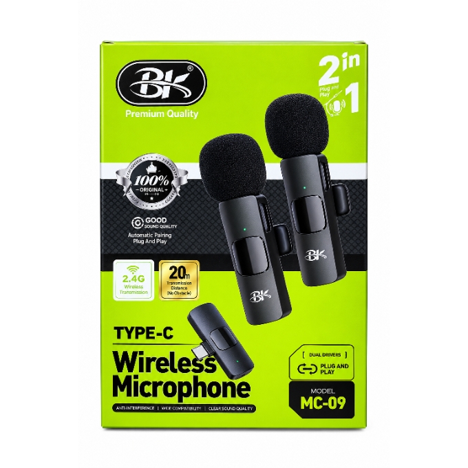 PhotoGrid_Plus_1791279032420 BK MC-09 Type-C Dual Wireless Microphone – 2.4G Plug & Play Lavalier Mic System - Image 1
