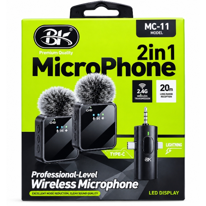 PhotoGrid_Plus_1791280083252 BK MC-11 2-in-1 Wireless Lavalier Microphone – 2.4G Professional Clip-On Mic with Type-C & Lightning Receiver - Image 1